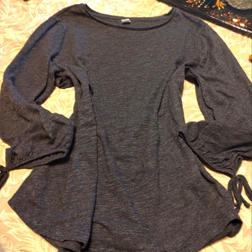 💙 Casual Comfy Dark Heather Grey Blue Blouse Top with Tie Sleeves - LJ